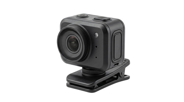 Action camera and wearable video recorder. Compact black device with clip mount. Isolated on white