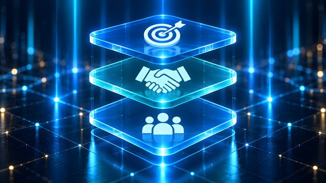 Business strategy hierarchy showcasing transparent digital layers of teamwork partnership and target goals on tech grid