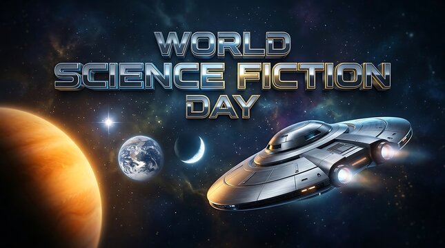 World Science Fiction Day Celebration Banner Featuring Spacecraft and Planetary Bodies