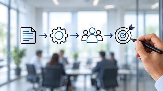 Business execution workflow diagram showing strategic goal alignment process during corporate team meeting presentation
