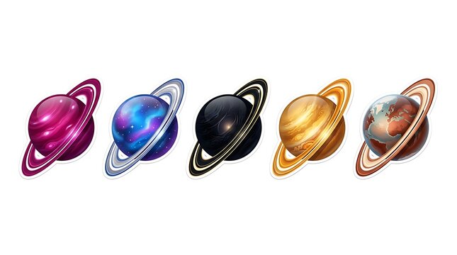 Set of Five Colorful Illustrative Planets with Orbital Rings Isolated on White