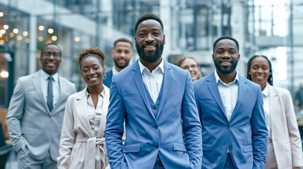 Obraz premium A group of business professionals smiles for a photo in a modern office setting while standing together to showcase teamwork, unity, and corporate achievement.