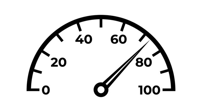Black and white speedometer gauge icon showing speed level with a needle pointing towards a high value measurement