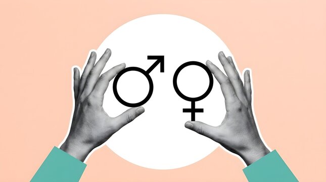 Two hands holding male and female gender symbols representing equality and diversity in a creative collage art style