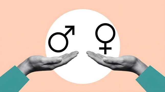 Two human hands holding male and female gender symbols representing equality and relationship between man and woman