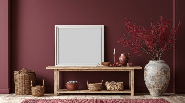 Rustic entryway decor with blank picture frame baskets and red berries