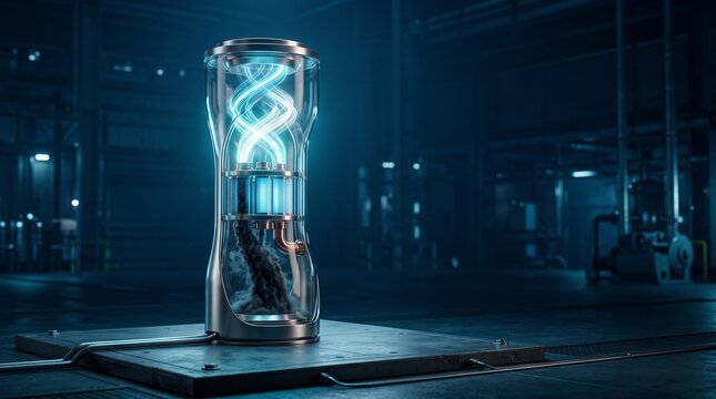 Futuristic glass cylinder converting dark smoke into glowing helical energy streams standing inside industrial factory representing carbon capture technology