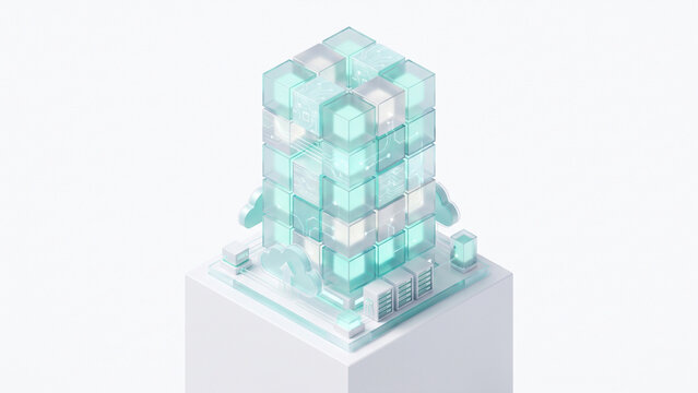 3D isometric abstract glass tower made of glowing data blocks for cloud server concept