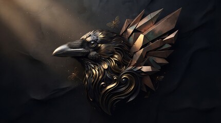 Obraz premium Stylized black raven profile with ornate metallic bronze feathers on dark background