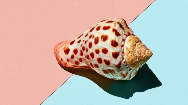 Spotted seashell on diagonal pink and blue background with shadow