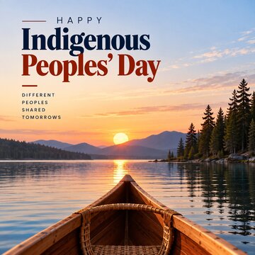 A view from a wooden canoe drifting across a calm mountain lake at sunset to celebrate indigenous