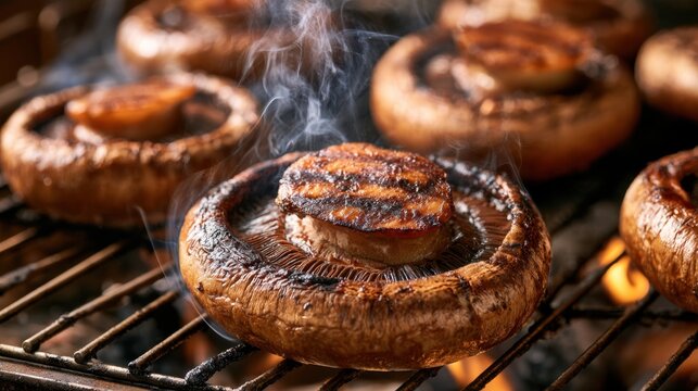 Close-up of fresh whole mushroom cooking on charcoal grill with smoke and char marks in outdoor barbecue setting