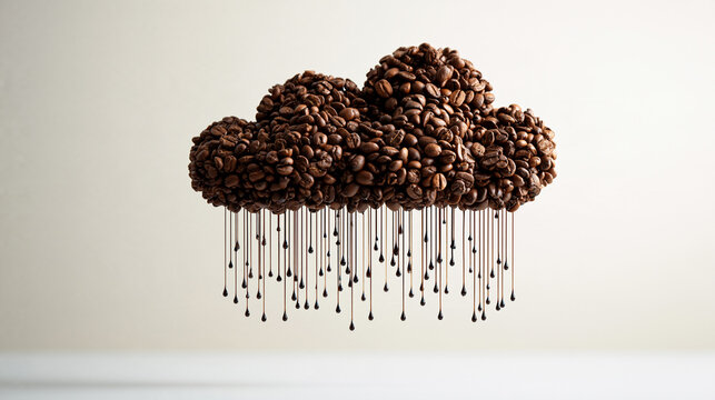 Conceptual cloud made of coffee beans dripping liquid coffee with coffee rain