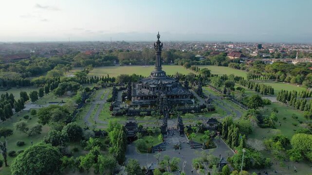 Aerial drone view of Traditional balinese hindu temple Bajra Sandhi monument in Denpasar, Bali, Indonesia
