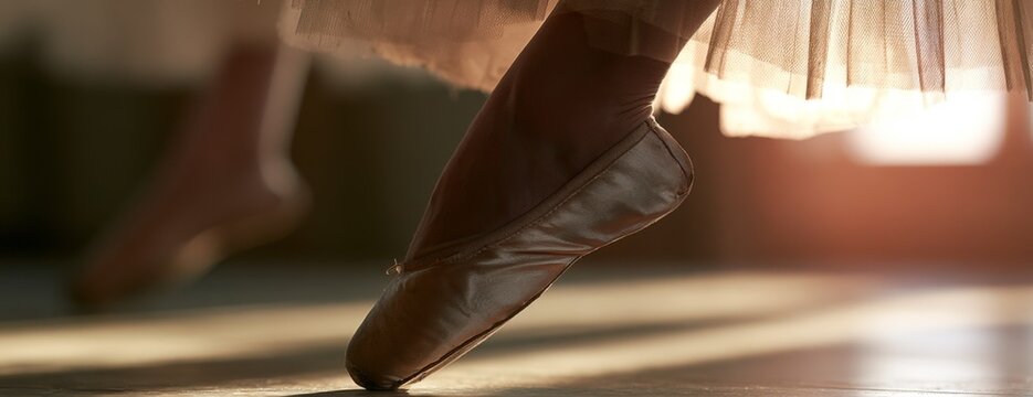 Ballerina dancing en pointe with soft light highlighting her feet  