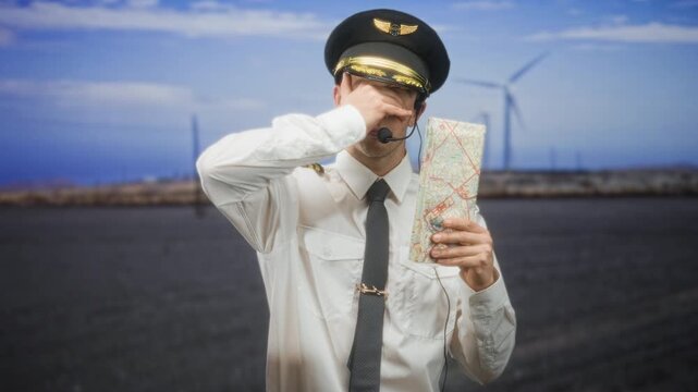 Man pilot in uniform holding a folded city map and covering his face with hand at airport runway near wind turbines; confusion.