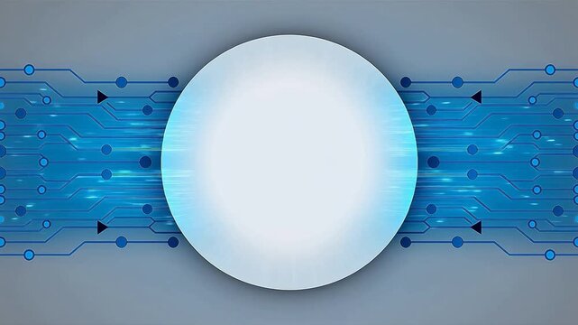 Large white circle surrounded by symmetrical blue circuit patterns with dots and arrows
