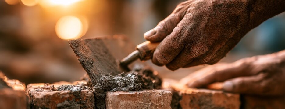 Builder with a trowel is constructing a brick wall  