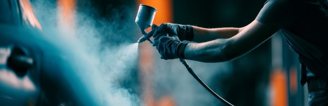Mechanic painting car with spray gun in workshop 