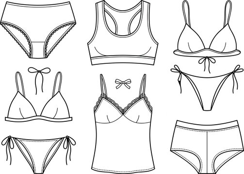 Women lingerie line art vector collection featuring underwear sets lace camisole sport bra bikinis and female apparel icons