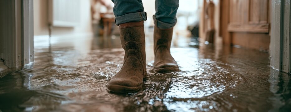 Person in rubber boots walking through flooded house hallway  