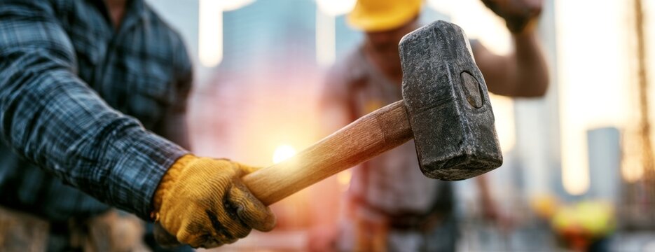 Construction worker using a sledgehammer on a building site in the city  