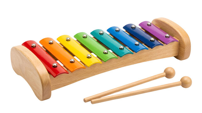 Colorful wooden xylophone with two mallets isolated on a white background for musical education