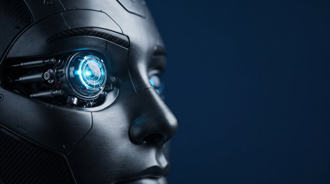 A close-up profile view of a dark metallic humanoid robot head, featuring a complex glowing ad social media download thambnail poster web template event festival 2026 2027 2028