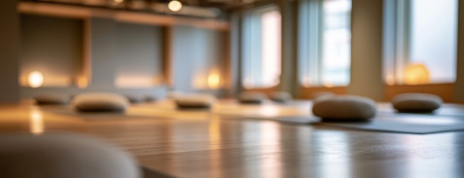 Blurred yoga studio with meditation cushions and natural lighting  