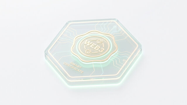 3D isometric glowing hexagon glass badge for Web3 smart contract and digital certificate concept