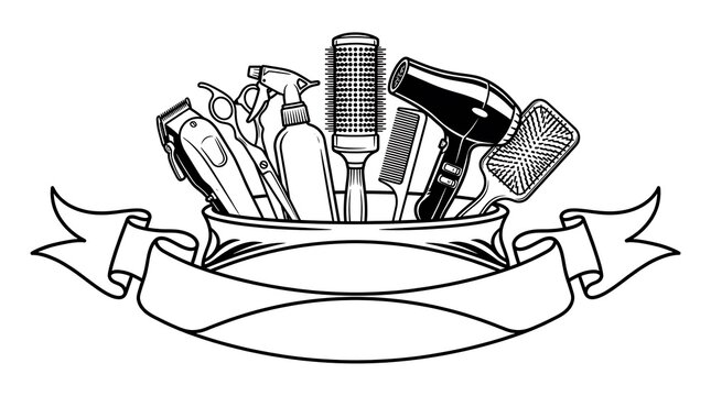 Vintage Barber Shop Tools Kit with Hair Clipper Scissors and Dryer in a Container with Ribbon Banner