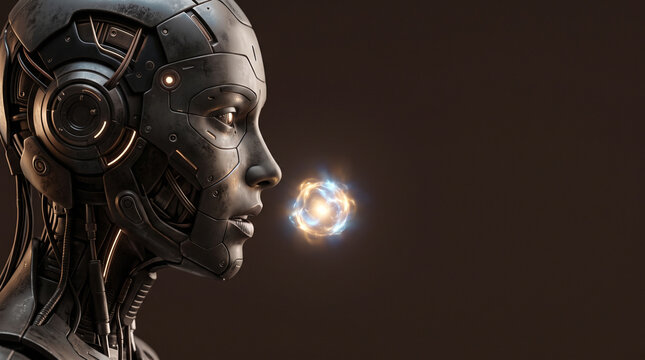 A close up profile view of a metallic cyborg head with intricate mechanical details, ad social media download thambnail poster web template event festival 2026 2027 2028