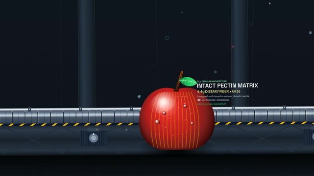 Conceptual animation of ultra processed food epidemic showing a fresh apple transformed on a conveyor belt into a synthetic chemical pill labeled 100 percent healthy depicting deceptive health halos