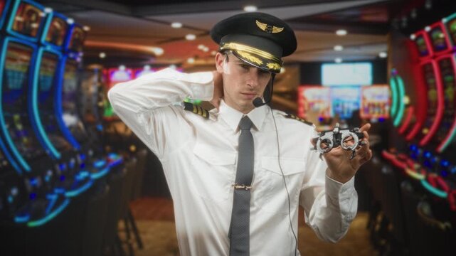 Young blond man pilot in white uniform holding phoropter and headset microphone with hand to neck among slot machines in casino; confusion irony.