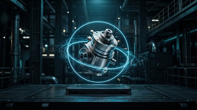 Futuristic metallic mechanical turbine part floating inside glowing neon light rings in modern automated factory symbolizing smart industrial engineering concept