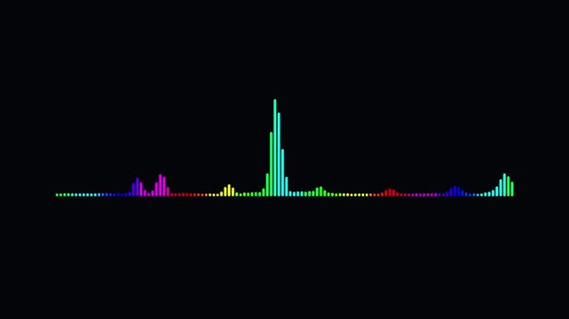 Dynamic rainbow audio spectrum visualizer on black background, pulsing sound wave equalizer for music production and digital media