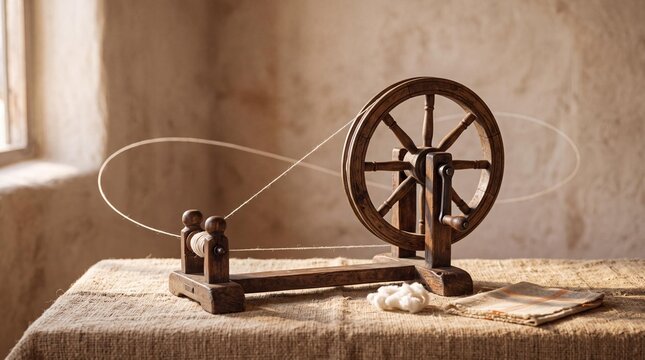 Antique Wooden Spinning Wheel for Cotton Yarn in Rustic Workshop
