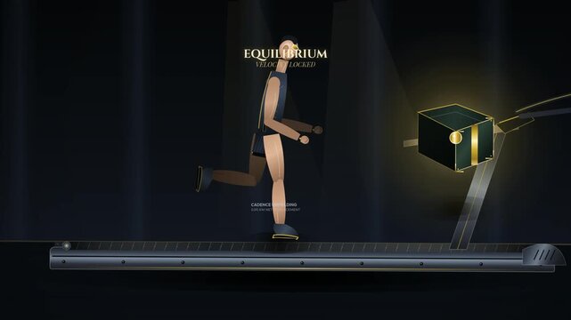 Conceptual animation of a person running on a treadmill chasing a dangling box illustrating the hedonic treadmill consumerism and the endless pursuit of wealth