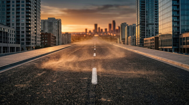 Empty urban highway leading through modern downtown skyscrapers at dramatic sunset light