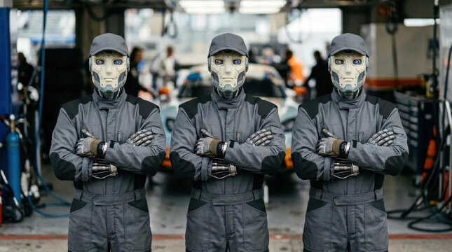 Three advanced humanoid robots working as professional pit stop mechanics in a modern garage