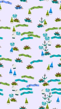 Seamless pattern of masks, scarves, anchors and party hats