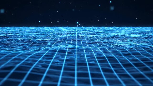 Digital Blue Grid Waves Abstract Sea Background - A futuristic digital grid overlays a calm, abstract sea surface video in glowing blue tones.