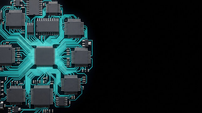 A circular arrangement of black computer microchips connected by glowing cyan circuit board ad social media download thambnail poster web template event festival 2026 2027 2028