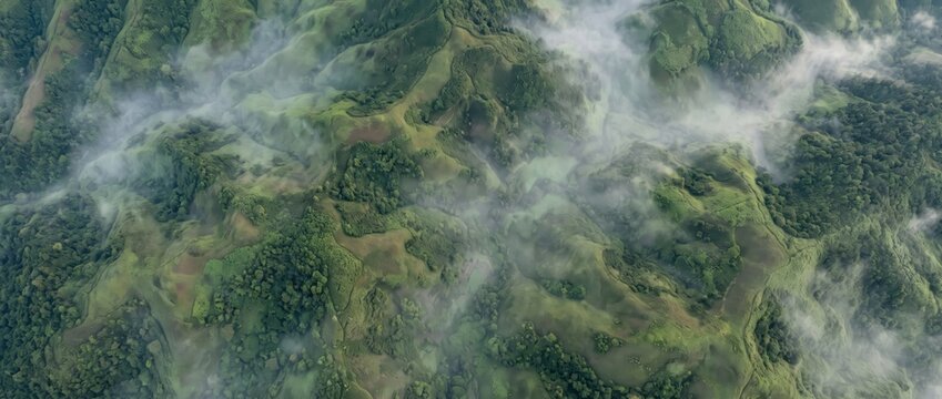 Aerial view of rolling green hills and mountains covered in dense forest, partially obscured by low-hanging white mist and clouds in a tropical landscape
