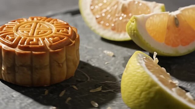 Mooncakes and pomelo fruit slices on stone tray with high contrast natural lighting