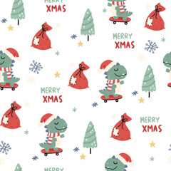 Fototapeta premium Christmas set with festive dinosaurs and cute characters. Christmas dinosaurs, trees, sweets and toys. Pattern with dinosaurs but new year.