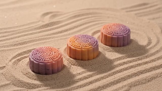 Traditional gradient mooncakes resting on desert sand dunes under warm natural sunset lighting