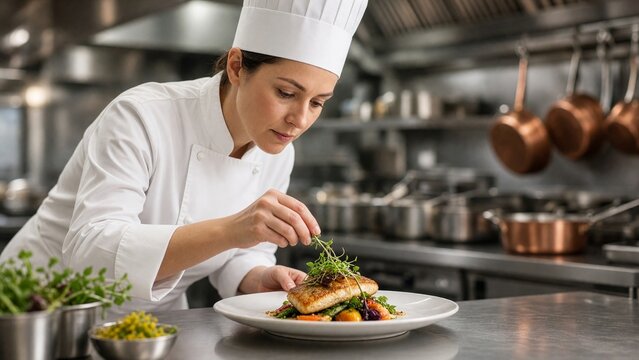 Professional Female Chef Garnish Gourmet Dish with Fresh Herbs in Commercial Kitchen