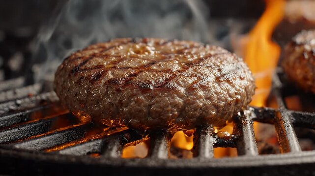 Juicy Meat Patty Grilling Over Flames - A perfectly cooked, seasoned meat patty is sizzling on a cast iron grill grate, with vibrant orange flames licking from below.