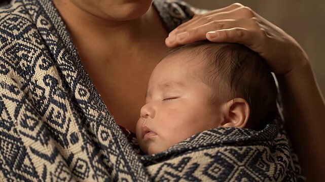 Indigenous Andean mother holding sleeping baby in traditional woven shawl with soft warm lighting